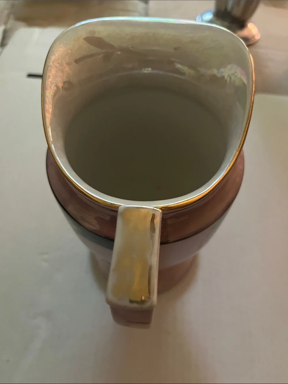 Pink Floral Ceramic Pitcher with Gold Trim Japan Circa 1950 7 1/4 inch